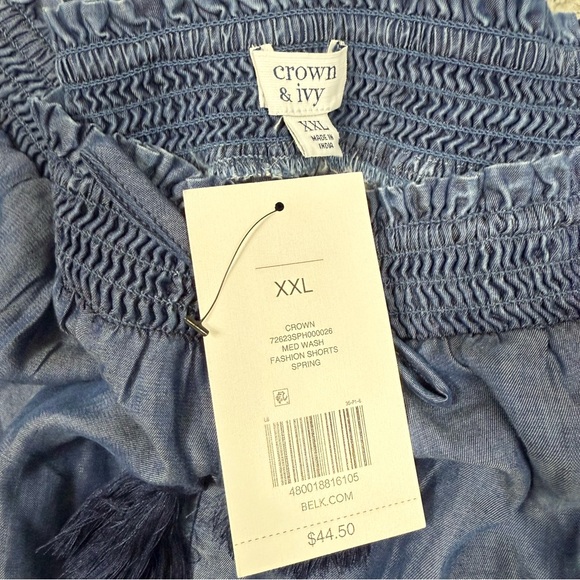 Crown & Ivy Shorts Womens XXL Ruffle Tassel Hem Pockets Elastic Waist Boho Blue - Picture 5 of 7